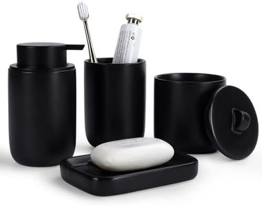 UMLACA Ceramic Bathroom Accessories Set of 4 - Liquid Hand Soap Dispenser, Toothbrush Holder, Apothecary Jar, Soap Tray, Luxury Bathroom Decor (Black)