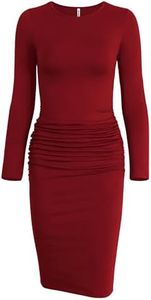 Missufe Ruched Bodycon Knee Length Dress Women's Long Sleeve Casual Sheath Sundress (Red, X-Large)