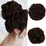 RUWISS Claw Clips in Messy Bun Hair Piece 100% Human Hair Bun Wavy Curly Clip Chignon Hair Extension Tousled Updo Real Human Hair Scrunchie with Clip for Women（Dark Brown with 15% Dark Cocoa Blonde）