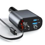 SAFEIFY Retractable Car Charger, 4 in 1 Phone Charger, 120W, Two Retractable Charging Cables (31.5 inch), Fast Charger for Apple iPhone(11/12/13/14/15), iPad, Samsung Galaxy S22/S23 (Type C + Type C)