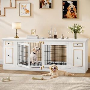 YITAHOME Double Dog Kennel Furniture with Tray, 79" Dog Crate Table with Storage for 2 Small/Medium Dogs, Indoor Wooden Dog House TV Stand, White