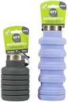 CS Beauty 2 Pack x Collapsible Water Bottle, 500ml, Silicone Travel Bottle with Carabiner,Foldable Design, Hiking - Camping - Available in Colours Grey, Purple, Orange - (Colour Chosen at Random)