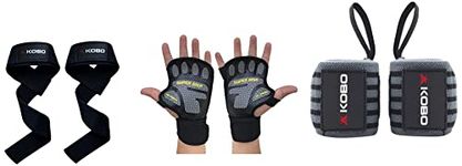 Kobo WTA-03 Power Cotton Gym Support & WTA-42 Grey Black Wrist Wraps with Thumb Loop - Weight Lifting Cross Training(GREY-BLACK) & WTG-22 Lycra-Spandex Gym / Exercise_and_Fitness Gloves, Large (Black)