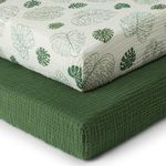 Muslin Crib Sheets, Cotton Neutral Crib Sheet for Baby Girls and Boys, Fitted for Standard Crib Mattress & Toddler Bed Mattress (52"x28"), Soft and Breathable, 2 Pack(Monstera Leaves&Dark Green)