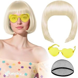 PLULON Blonde Bob Wig with Heart Sunglasses and Hair Cap for Women, Gold Short Bob Wigs Synthetic Colored Funny Cosplay Hairpieces for Women Men Neon Bachelorette Halloween Costume Party Decorations