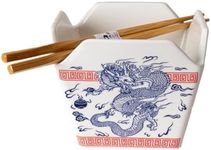 Urban Tokyo Chinese Takeout Box Style Porcelain Bowl With Chopsticks 18 fl oz Square Box Shape Rice Noodles Pasta To Go Box Shaped Bowl Microwave Dishwasher Safe (Oriental Dragon)