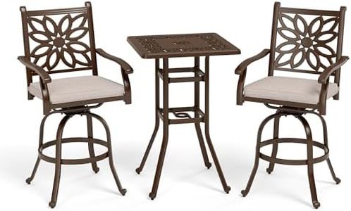 Sophia & William 3 Pieces Cast Aluminum Patio Bar Set, Square Outdoor Bar Table and 2 Swivel Bar Counter Height Chairs Set, Modern Patio Pub Bistro Set with Outdoor Stools