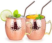 izdeel Copper Moscow Mule Mugs Set of 2 Cocktail Glasses, 530ml Food Safe Copper Cups with 2 Copper Straws, Suitable for Cocktails, Rum, Cold Drinks, Homes, Bars, Parties, Gift sets