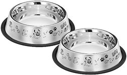 amazon basics Stainless Steel Printed Pet Bowl,700Ml Pack of 2, [Cat,Dog],?21 cm,H_5 cm,W_21 cm