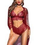 RSLOVE Women Sexy Lingerie Set 3 Piece Lace Kimono Robe with Bra and Panty Sheer Sleepwear Wine Red S