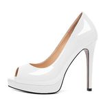 Joseywade Platform Stiletto Heels Peep Toe High Heel Pumps Women's 5 Inch Party Dance Dressy Slip On Shoes, White, 8.5