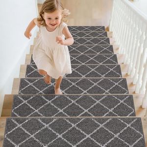 BEQHAUSE Stair Treads for Wooden Steps Non Slip Machine Washable Stair Runner Soft Polyester Stair Rugs 28inX9in for Elders,Kids and Dogs with Self-Adhesive Backing 15pcs,Dark Grey