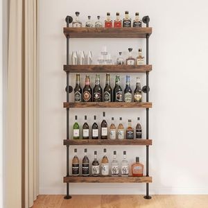 Woskar 5-Tier Wall Mounted Wine Rack, Industrial Pipe Bar Shelf for Wine Bottle Storage, Industrial Pipe Shelves Shelf Shelving for Home Bar Dining Room Kitchen (Black, 31.5" W x 79" H x 8.6" D)