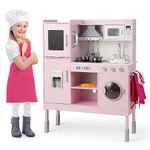 Maxmass Kids Wooden Kitchen, Height Adjustable Pretend Play Kitchen with Rich Accessories, Light & Sound, Range Hood & Wash Machine, Little Chef Cooking Role Playset for Boys Girls (83 x 29 x 103 cm)