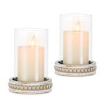 Glasseam Hurricane Glass Candle Holders, Rustic Pillar Candle Holder Set of 2, Farmhouse Candle Holders for Table, Cylinder Candle Holder with Beaded Candle Plates for Dining Living Room Decorations