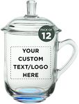 Custom Glass Coffee Mugs with Lids 13 oz. Set of 12, Personalized Bulk Pack - Perfect for Tea, Espresso, Cappuccino, Hot Cocoa - Blue