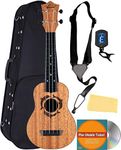 Oscar Schmidt OUN Soprano Ukulele Bundle with Hard Case, Clip-on Tuner, Aquila Strings, Strap, Instructional DVD, Fender Play Trial, and Austin Bazaar Polishing Cloth - Natural w/Dolphin Top Design