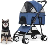 Critter Sitters Pet Stroller with Storage Basket, Single Carriage Carrier for Animals up to 33 lbs., 4-Wheel, Travel and Transportation for Cats, Small Dogs, Blue