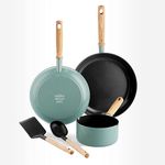 GreenPan Mayflower Healthy Ceramic Non-Stick 5-Piece Cookware Pots and Pans Set, Includes Frying Pans Saucepan and Utensils, Vintage Wood Handle, PFAS-Free, Induction, Smoky Blue