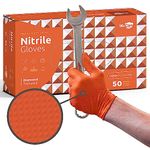 WECARE Orange 8 Mil Nitrile Gloves X Large 50 Pack - Heavy Duty Mechanic Gloves, with Diamond Grip - Powder and Latex Free Disposable Gloves