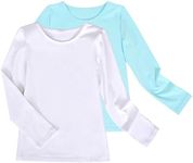 2 Pack Girls Top Tee Shirt Basic Long Sleeve Cotton Casual School Uniform 9-10 White Blue