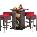 HAPPYGRILL 5-Piece Rattan Bar Set, Outdoor Wicker Bar Table and 4 Bar Stools with Heavy-Duty Steel Frame, Patio Bar Height Furniture Set with 4 Seat Cushions Included