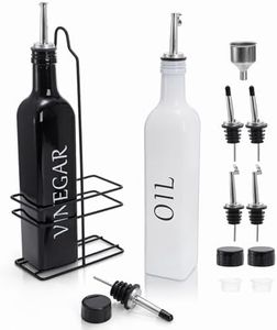 Tebery 2 Pack Oil and Vinegar Dispenser Set with Caddy Holder, 17oz Black & White Olive Oil Dispenser Bottle, Cute Modern Vintage Glass Cruet for Kitchen