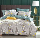 SLEEPBELLA Duvet Cover Queen, 600 Thread Count Cotton Grey Branch with Yellow Turquoise Polka Dot Pattern Green Reversible Comforter Cover(Queen, Grey Branch)