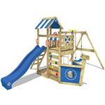 WICKEY Wooden climbing frame SeaFlyer with swing set & blue slide, Outdoor kids playhouse with sandpit, climbing ladder & play-accessories for the garden