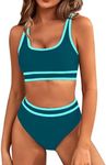 BMJL Women's High Waisted Bikini Sets Sporty Two Piece Swimsuits Color Block Cheeky High Cut Bathing Suits, Dark Green Blue011, Small