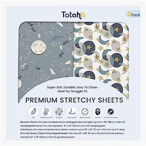 TotAha Space Mini Crib Sheets Fitted, Star & Moon Pack N Play Sheets, Super Stretchy Jersey Knit Playard Sheets, Compatible with Graco Pack N Play Playard Crib and Other Playpen Mattress