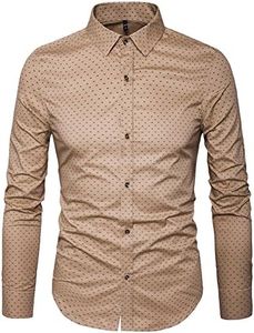 MUSE FATH Men’s Printed Dress Shirt-Cotton Casual Long Sleeve Shirt-Button Down Point Collar Shirt-Khaki-L