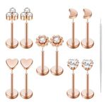 Uni-J 10pcs 16G Threadless Push-in Tragus Conch Cartilage Flat Back Helix Labret Monroe Lip Ring Daith Piercing Jewelry(16G Rose Gold 8mm)