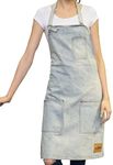 VANTOO Unisex Distressed Jean Apron with Convenient Pockets for Men and Women,White
