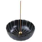 Asayu Japanese Lotus Incense Holder for Sticks 4.1 inch (105mm), Traditional Made in Japan Ceramic Ash Catcher and Brass Incense Burner Set - Matte Black