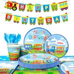 Train Birthday Decorations Tableware, 128pcs Train Party Tableware Set Train Party Plates and Napkins Cups Tablecloth Train Birthday Banner etc Train Party Supplies for Boys Girls Kids