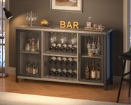 IBF Rustic Liquor Bar Cabinet, Industrial Coffee Wine Cabinet for Liquor and Glasses, Farmhouse Bar for Home Kitchen Living Dining, Sideboard Buffet Cabinet with Bar Rack Storage, Light Grey Oak 55 In