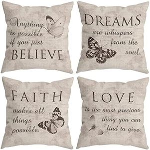 HUYAW Farmhouse Rustic Butterfly Believe Dreams Faith Love Throw Pillow Covers, Inspirational Butterfly Gifts for Women, Motivational Quotes Pillow Cases 18 x 18 Inch Home Room Bed Sofa Decor Set Of 4