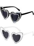 Konohan 2 Pairs Heart Shaped Sunglasses Women Rhinestone Sunglasses Bridesmaid Glasses (Black with Gray, White with Gray)