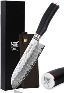 YOUSUNLONG Santoku Knife 7 Inch Pro Chef Knife Japanese Hammered Damascus Steel - Razor Sharp - Natural LeadWood Handle with Leather Sheath