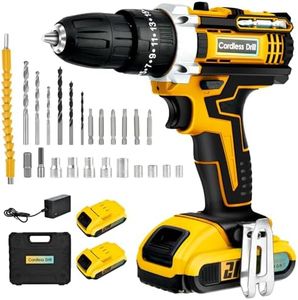 24Pcs 21V Cordless Drill Driver Set Household Hand Tool Kit,25Nm Variable Speed Multifunctional Rechargeable Power Drill Set with Led Light & Charger 25+3 Torque, 2000mAh Li-ion for Home (Yellow)