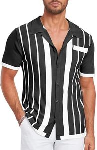 V VALANCH Mens Classic 50s 60s Button Down V-Neck Camp Collar Cardigan Sweaters Knitwear Short Sleeve Vintage Shirt