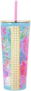 Lilly Pulitzer Double Wall Tumbler with Lid and Reusable Straw, Insulated Travel Cup Holds 24 Ounces, Cay to My heart