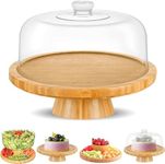 Bamboo Cake Stand with Dome Multi Function 6 in 1 Cake Holder Serving Platter, (30cm) Round Veggie Stand and Salad Bowl, Decorative Display Cake Stand with Lid