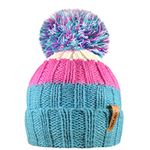 RockJock R80 Kids Girls Boys Ribbed Striped Thermal Insulating Bobble Hat with Cosy Fleece Lining- Aqua/Pink