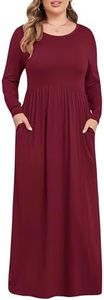 KARALIN Women's Plus Size Long Sleeve Loose Plain Casual Long Maxi Dresses with Pockets (24W,Wine Red)