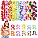 DOKLY 40pcs Hawaiian Leis Set, Hawaii Flower Lei Necklaces Wristband Headbands Tropical Party Favors Hawaii Luau Party Supplies Beach Party Decorations