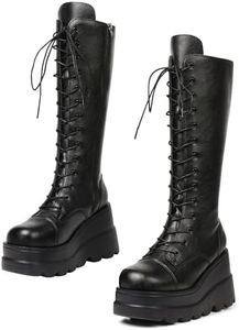 CELNEPHO Womens High Platform Mid Calf Wedges Chunky High Heel Round-Toe Side Zip Fanshion Combat Boots For Women
