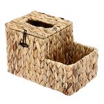 BSTKEY Water Hyacinth Square Facial Tissue Box with Lid, Household Woven Napkin Box Tissue Paper Holder with Multi-function Organizer Side Pocket for Remote Control Vanity Makeup Cosmetic Pencil