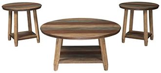 Signature Design by Ashley Raebecki 3-Piece Rustic Round Table Set, Includes 1 Coffee Table and 2 End Tables, Brown with Multi Colors